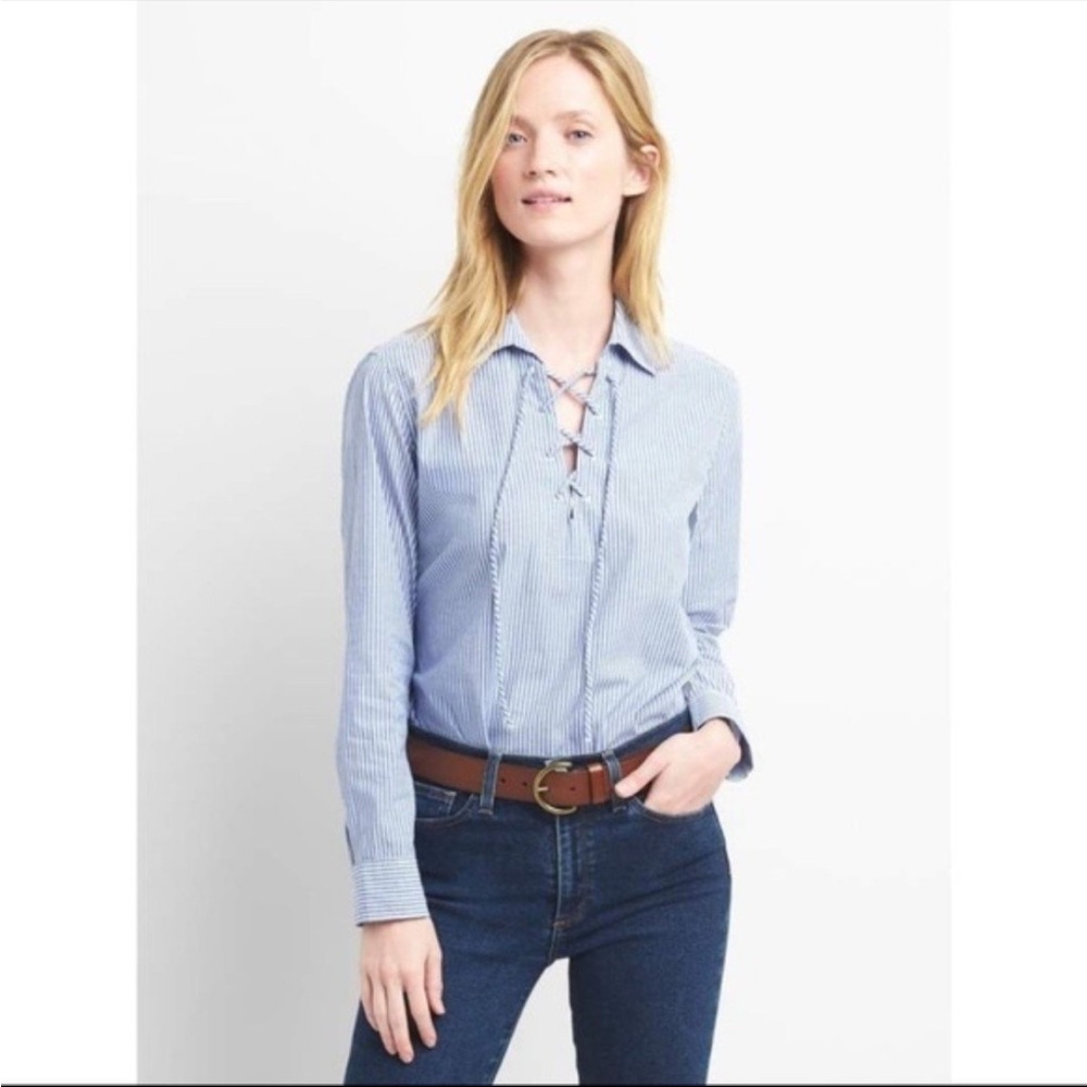 Gap Lace Up Popover Blue Stripe Top
